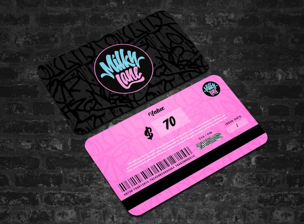 Front and back of a Milky Lane $70 gift card